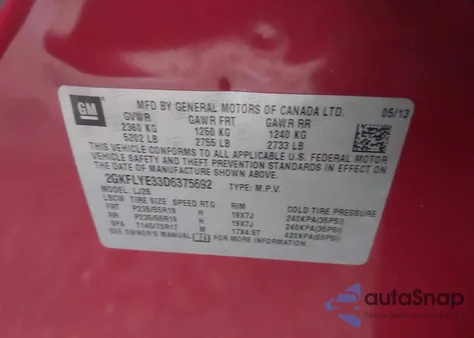 2013 GMC Terrain Denali z USA, uszkodzony, nr VIN 2GKFLYE33D6375692